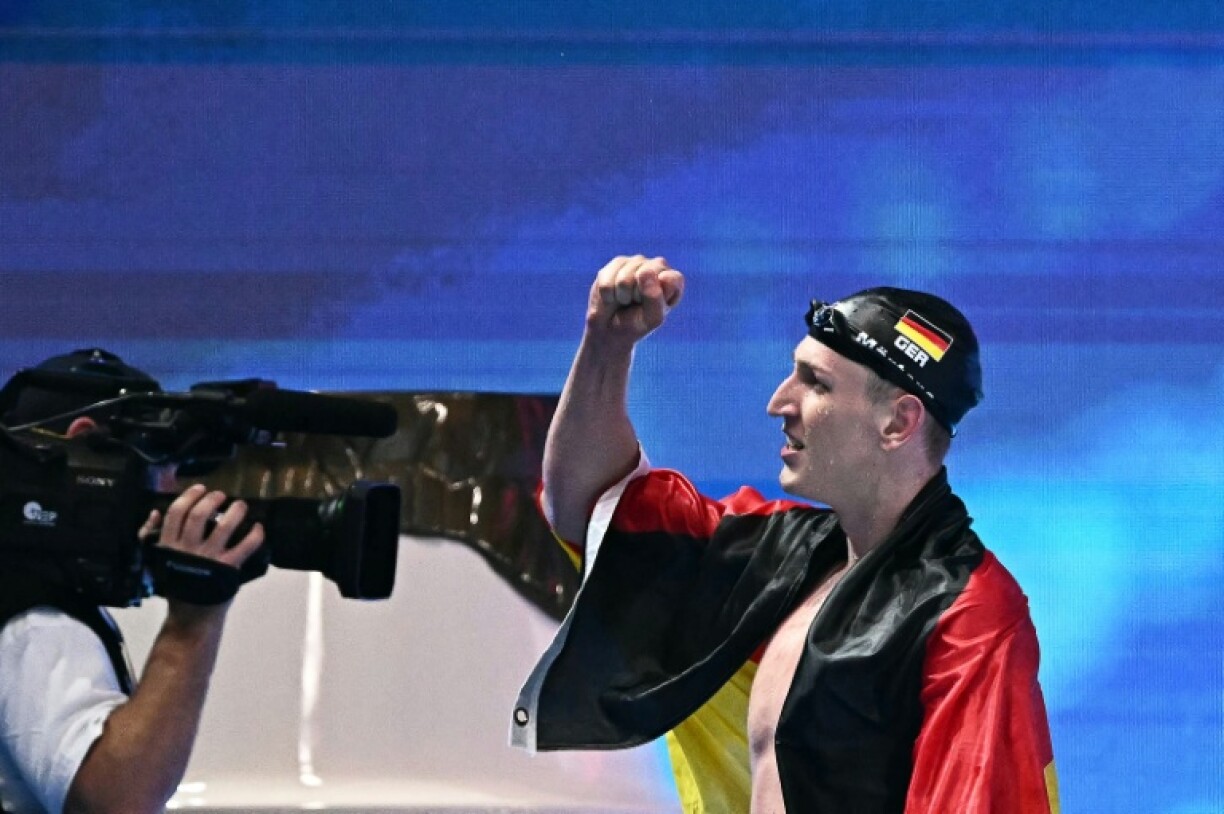 Germany's swimmer Lukas Maertens celebrates after winning the final of the men's 400m freestyle