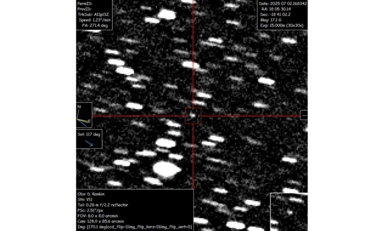 This image courtesy of David Rankin, Saguaro Observatory, shows interstellar object A11pI3Z captured on June 2, 2025 by David Rankin, engineer at the Catalina Sky Survey at the University of Arizona