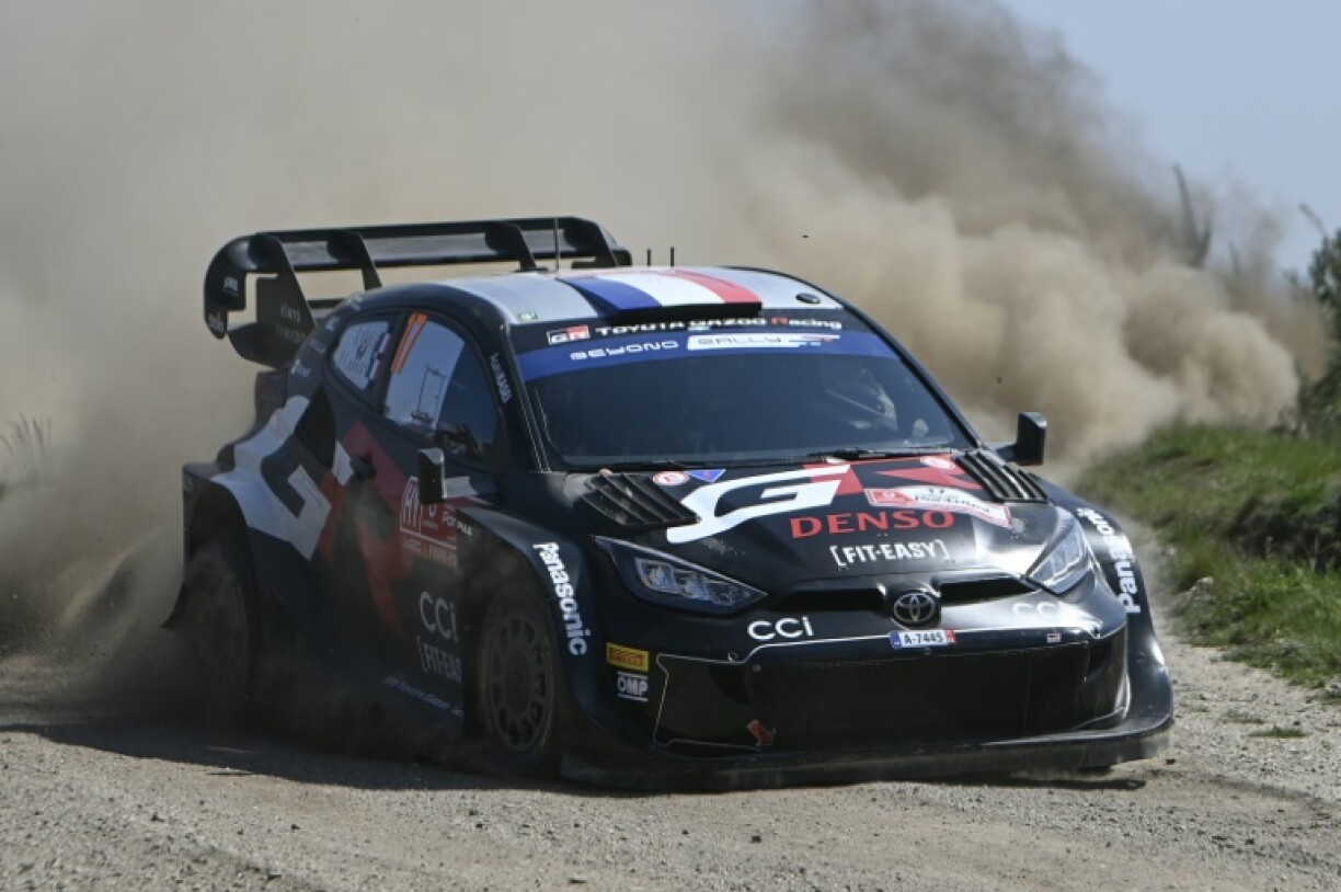 La Toyota du Français Sébastien Ogier et de son co-pilote Vincent Landais lors du rallye du Portugal, le 11 mai 2024 à Montim