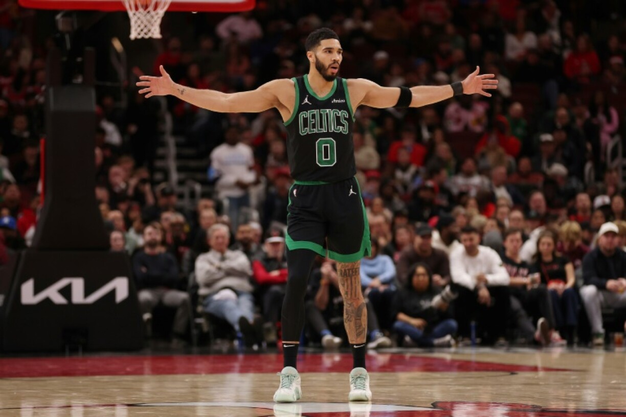 Jayson Tatum of the Boston Celtics reacts during an NBA game against the Chicago Bulls