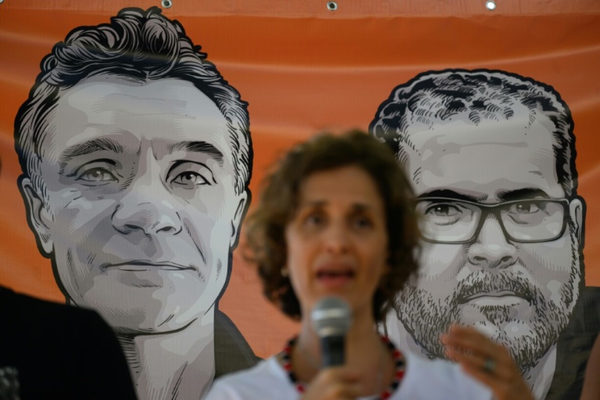 Alessandra Sampaio, widow of murdered British journalist Dom Phillips, speaks during a demonstration in tribute to Phillips and Brazilian Indigenous expert Bruno Pereira, murdered while on a reporting mission in the Amazon rainforest