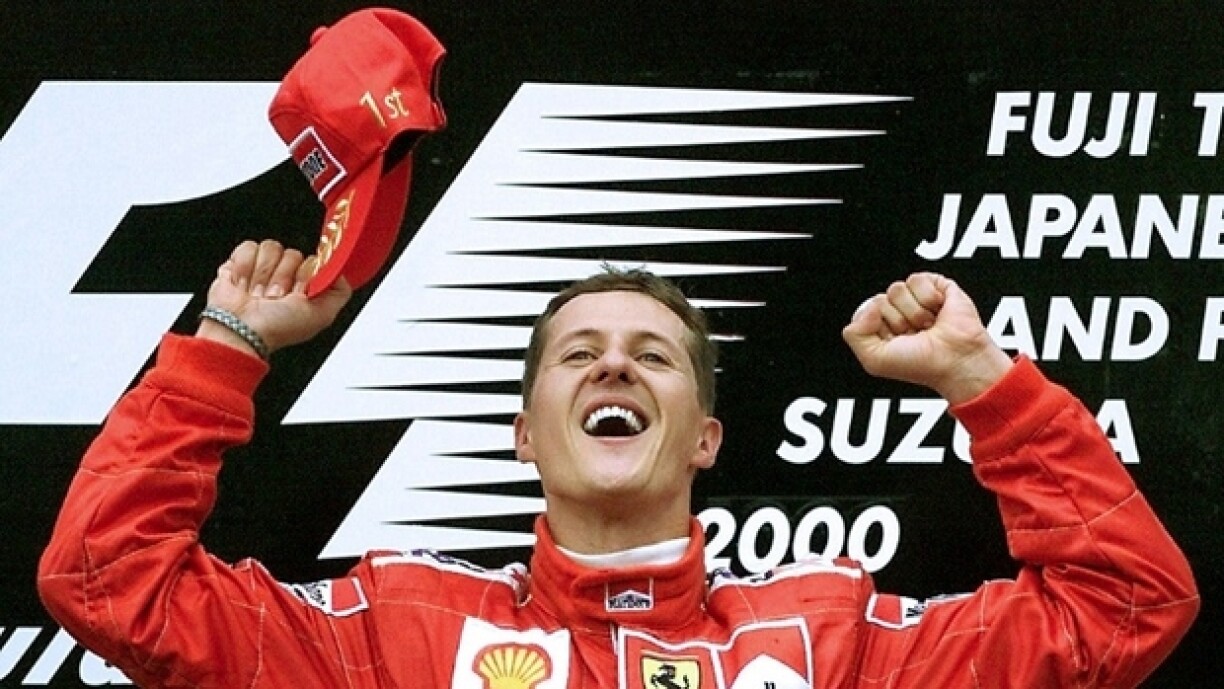 La joie de Michael Schumacher après avoir remporté le GP du Japon, le 8 octobre 2000.
