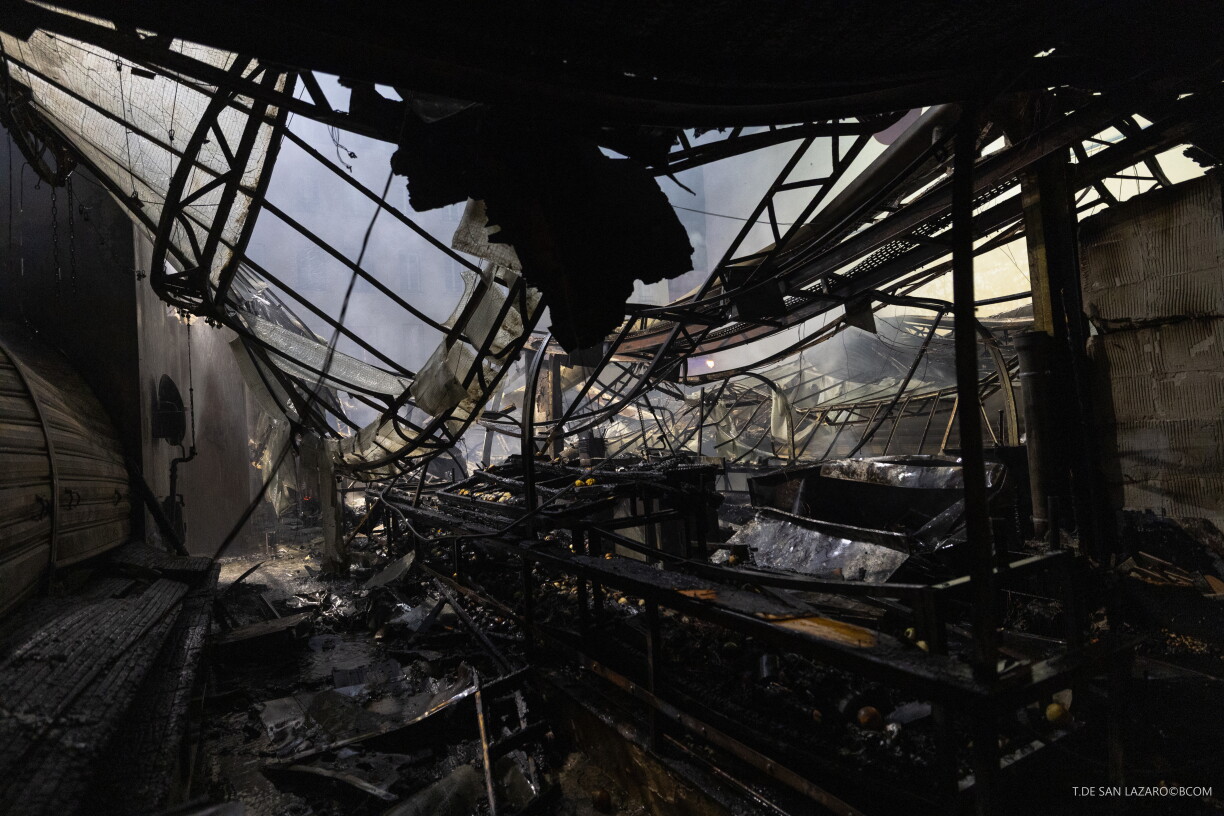This handout photograph taken by T. de San Lazaro and released by the Brigade des Sapeurs Pompiers de Paris (BSPP)on October 12, 2026, shows the burnt «Le marche des Enfants Rouges» (Red Children market) following a fire, center of Paris.