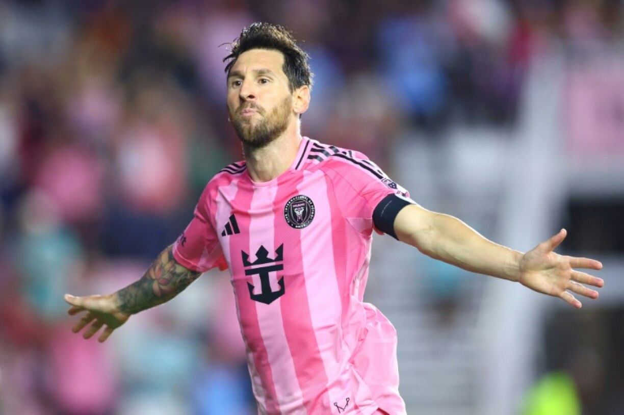 Inter Miami's Argentine superstar Lionel Messi celebrates a goal in Inter's 3-2 MLS victory over DC United