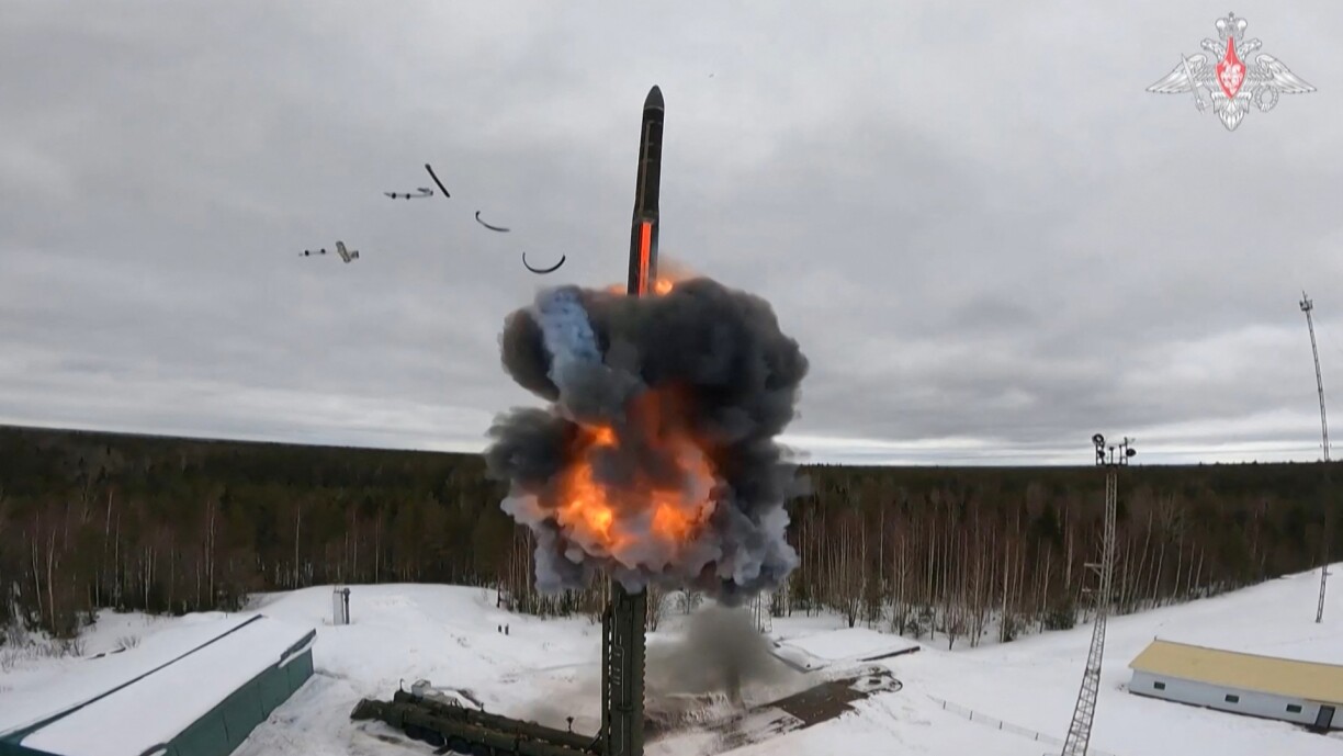 A grab taken from handout footage released by the Russian Defence Ministry on 1 March 2024 purport to show the test firing of an ICBM belonging to the country's nuclear deterrence forces.