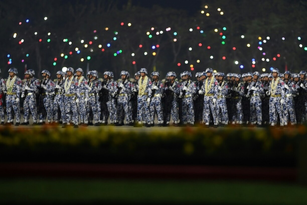 Myanmar soldiers took part in a military parade in the capital Naypyidaw on Thursday, the day before the massive earthquake hit