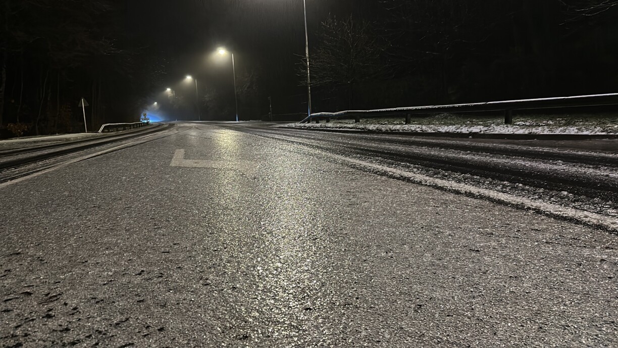The icy road photographed just before 6am in Bridel.