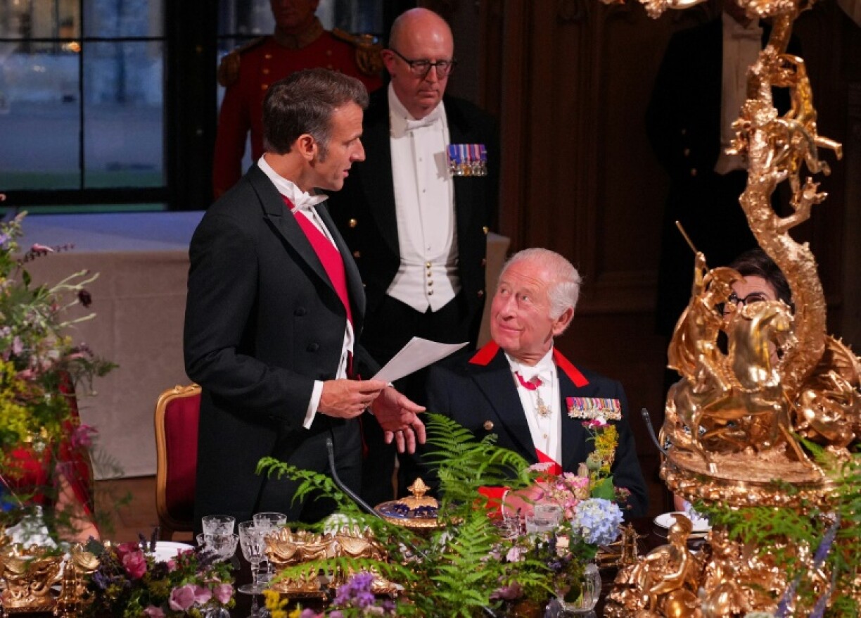 The French first couple were welcomed on Tuesday by King Charles III and Queen Camilla