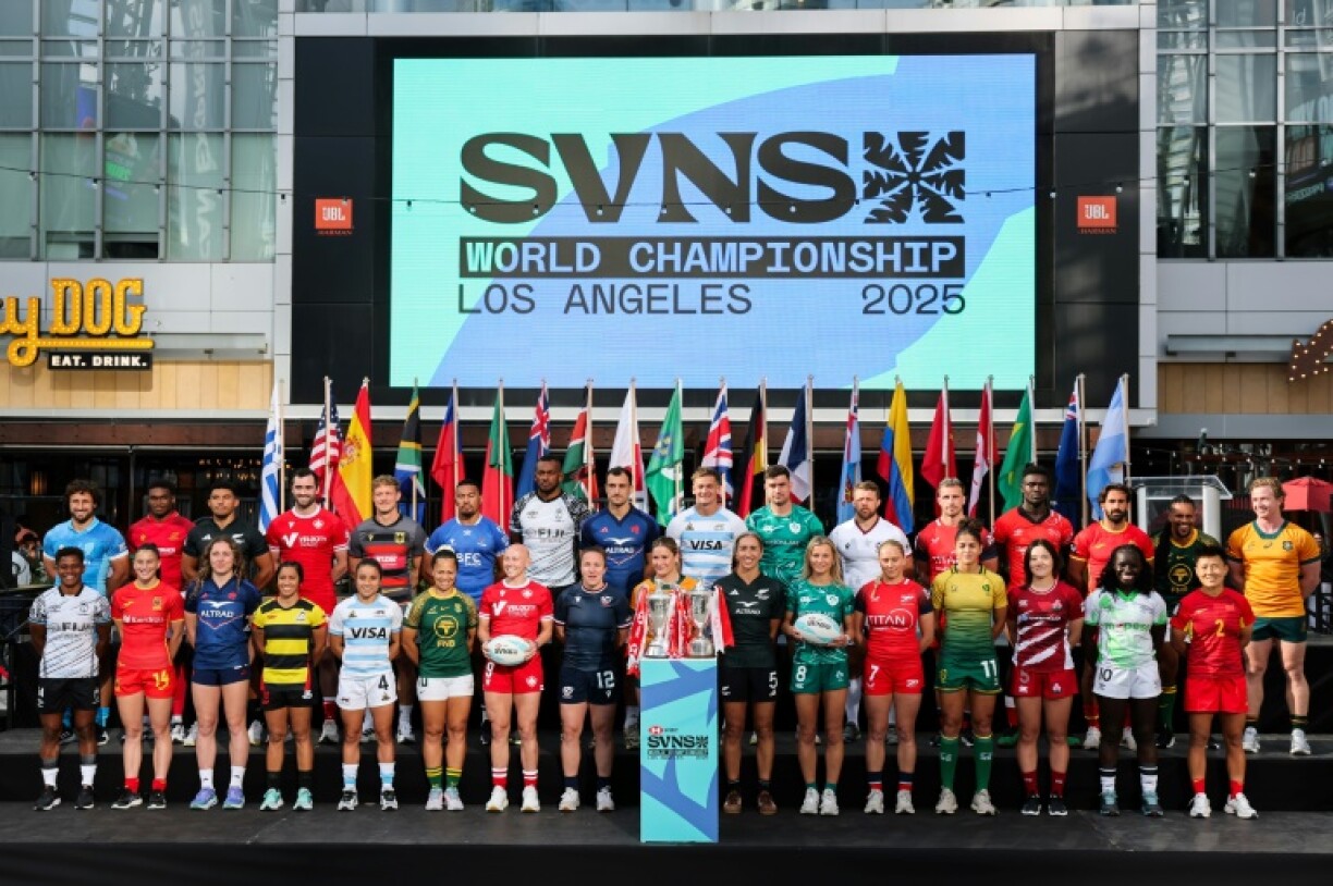 Men's and women's Rugby Sevens team captains gather for the captains' photo with the Championship trophies ahead of the 2025 HSBC Rugby Sevens LA tournament World Championship