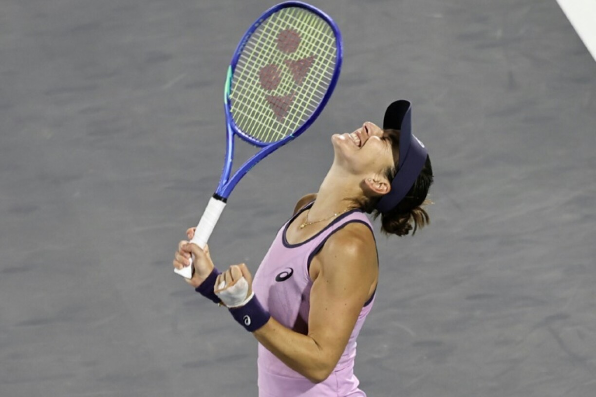 Belinda Bencic celebrates after defeating Elena Rybakina in the semi-finals of the Abu Dhabi Open
