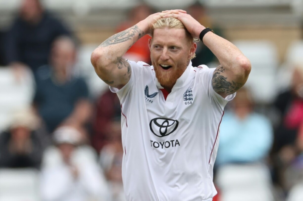 England captain Ben Stokes reacts after seeing Harry Brook take a superb slip-catch off his bowling to dismiss Zimbabwe's Wessly Madhevere