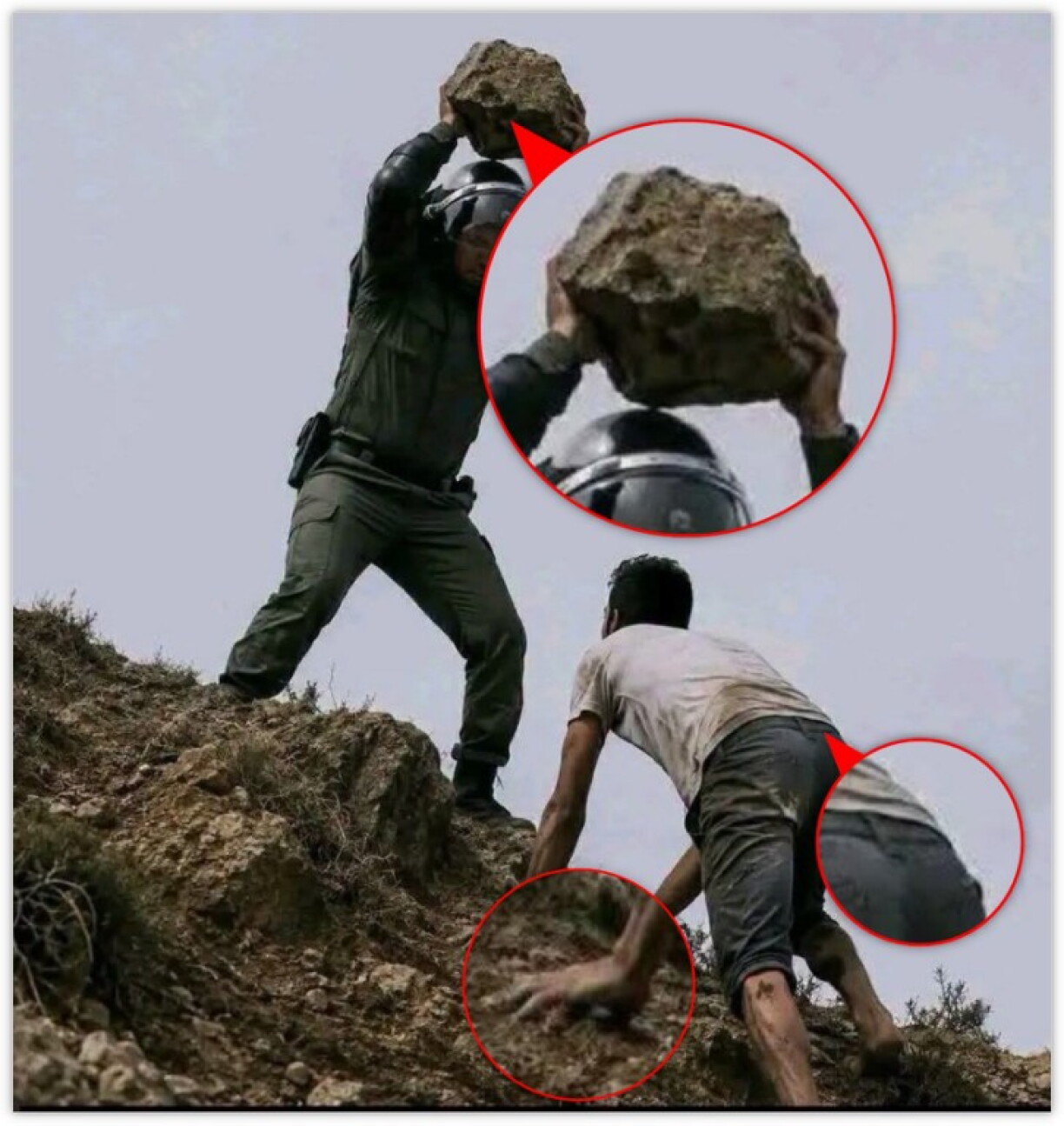 The AI-generated image marked and zoomed by AFP Fact Check to show signs of manipulation