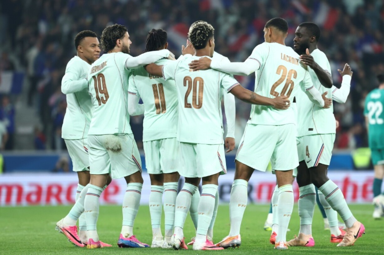 Les joueurs français se congratulent après un but de Michael Olise lors de la victoire contre l'Irlande du Nord (3-1), le 8 juin 2026 à Villeneuve-d'Ascq