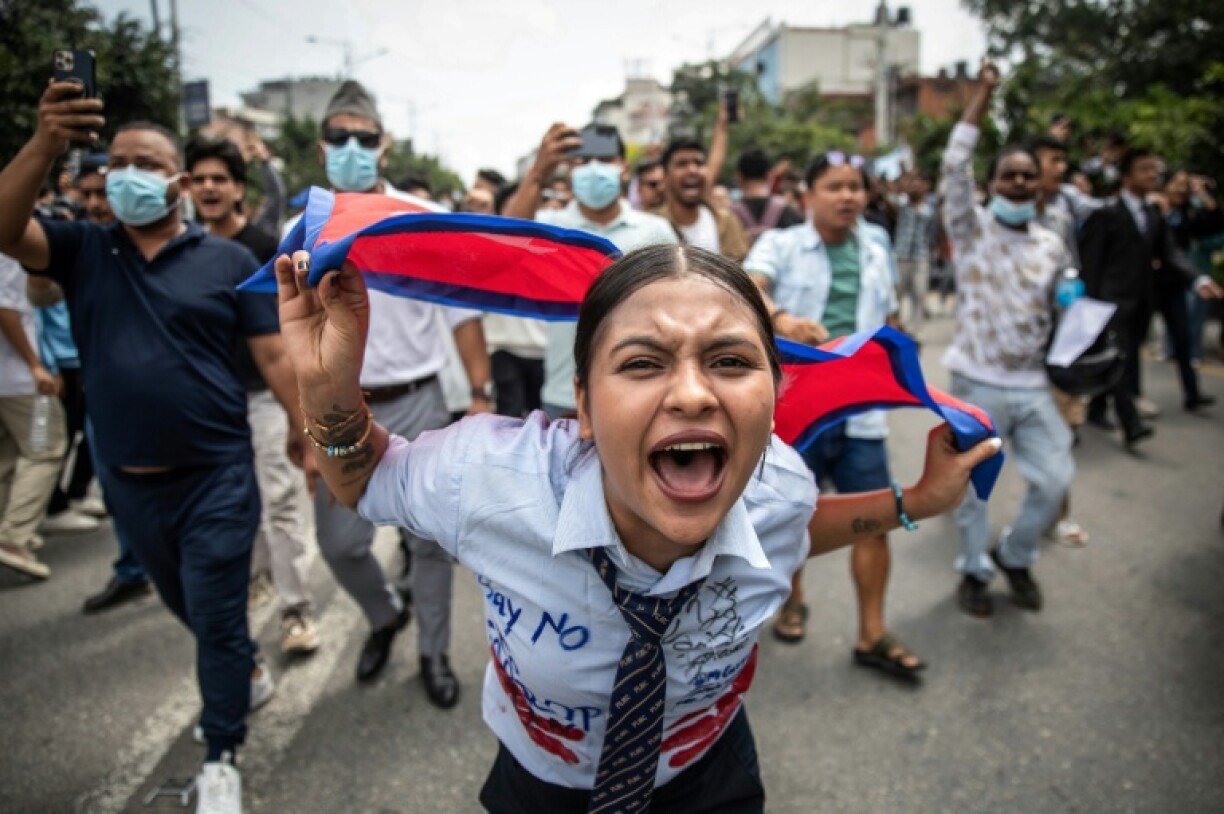 Demonstrators started their protest in Kathmandu with the national anthem before chanting against the social media stoppage and corruption