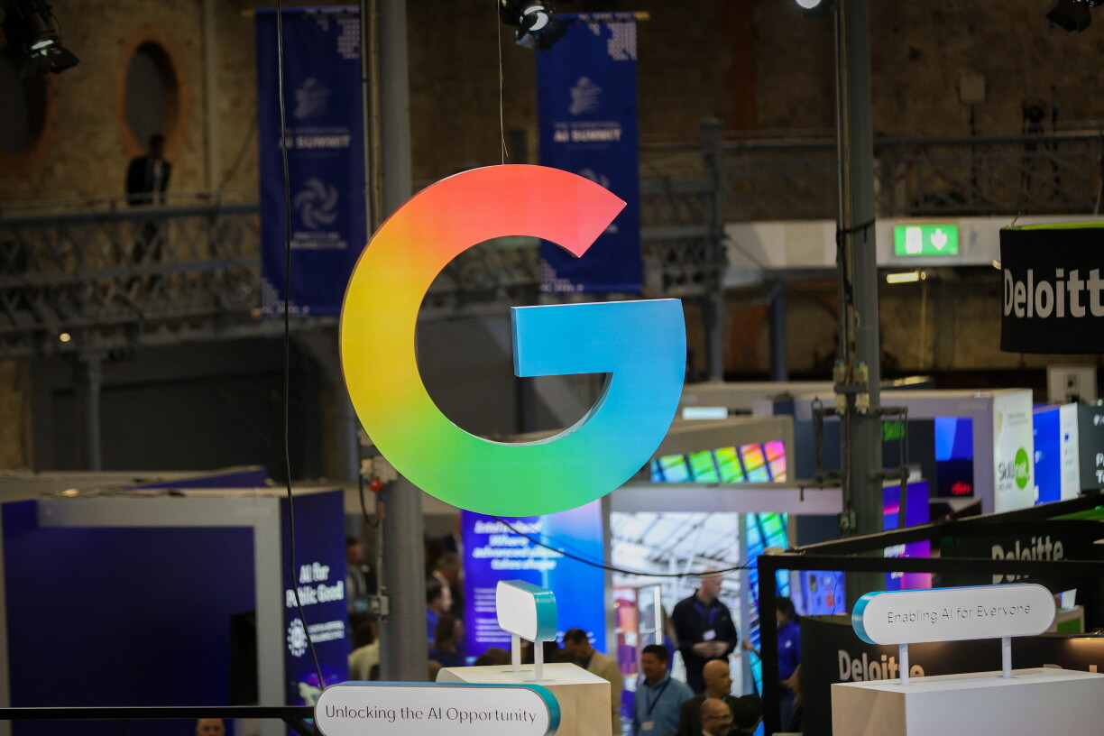 A Google logo is pictured during the International AI Summit in Dublin, on October 14, 2026. (Photo by Paul Faith / AFP)