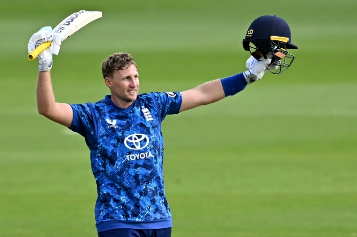 England's Joe Root celebrates after hitting the winning run against West Indies in Cardiff