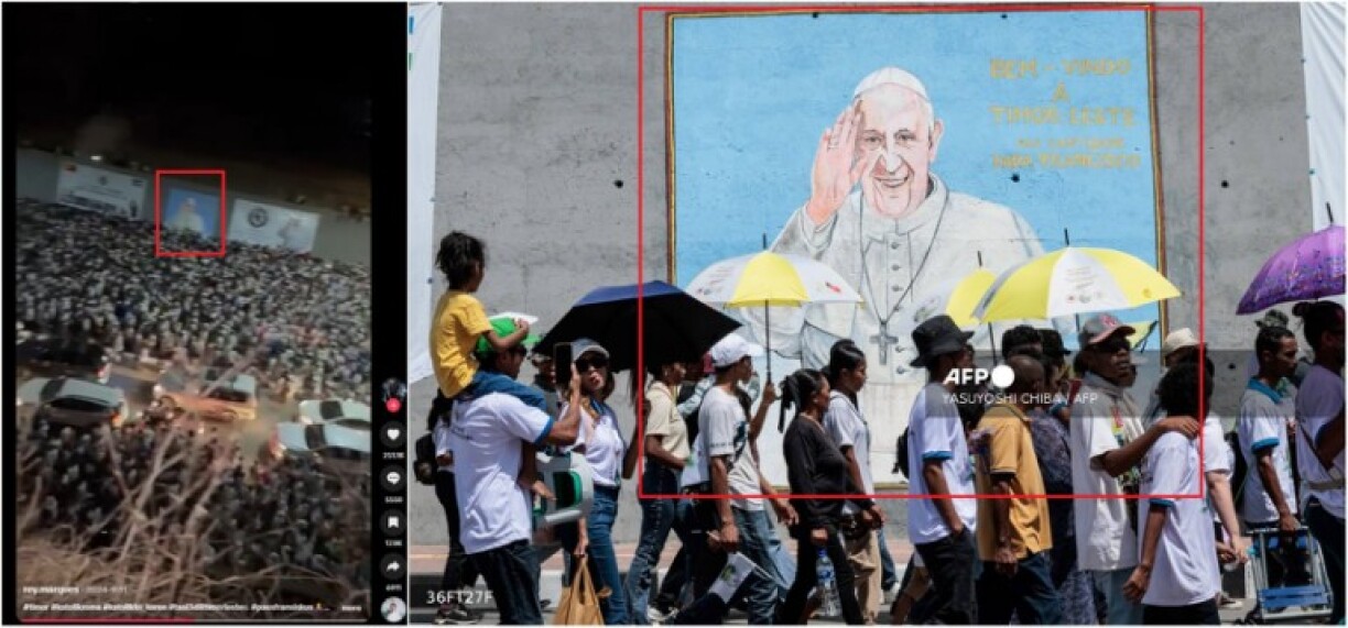 Screenshot comparison of the higher quality TikTok video (L) and AFP photo showing the mural