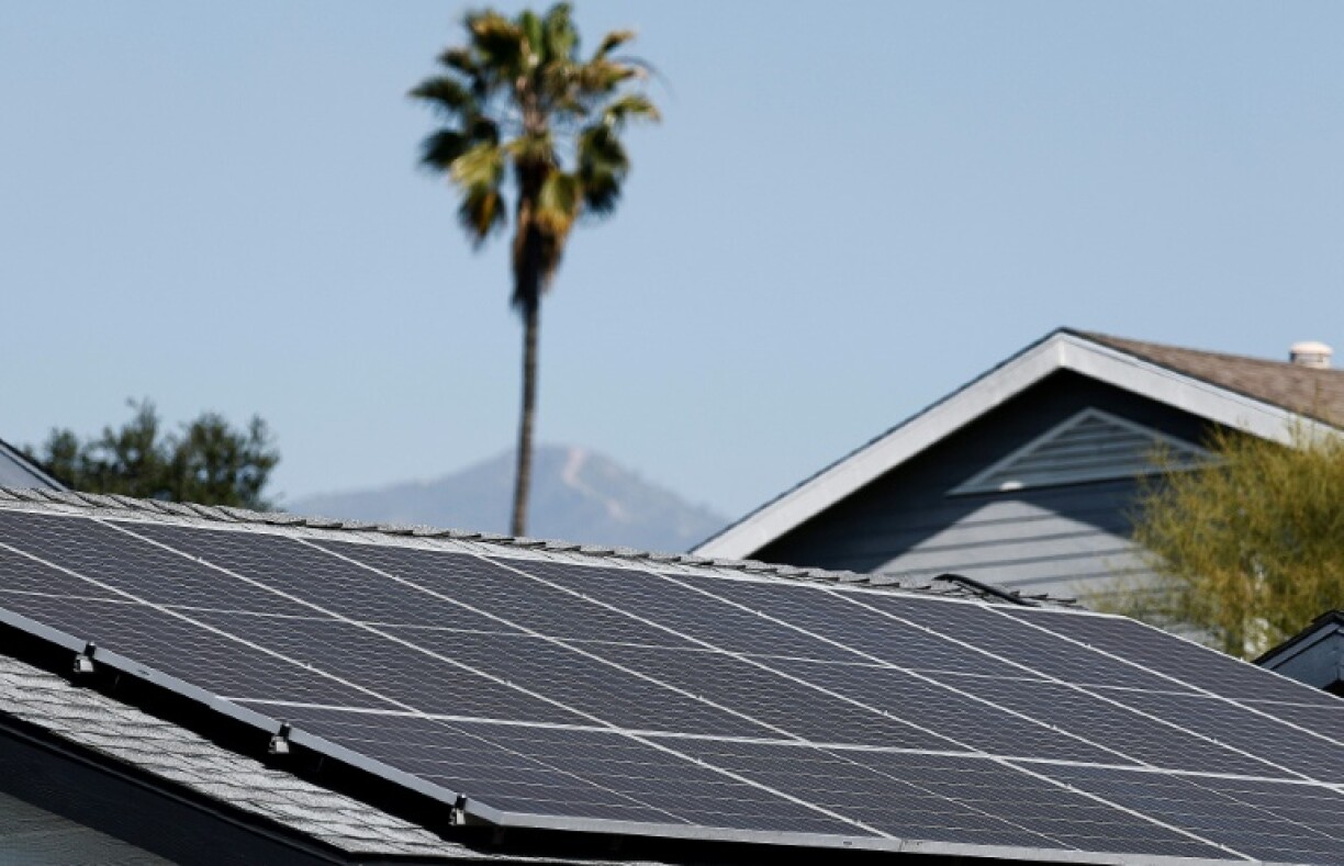 A view of solar panels atop the roof of a home on February 25, 2025 in Pasadena, California
