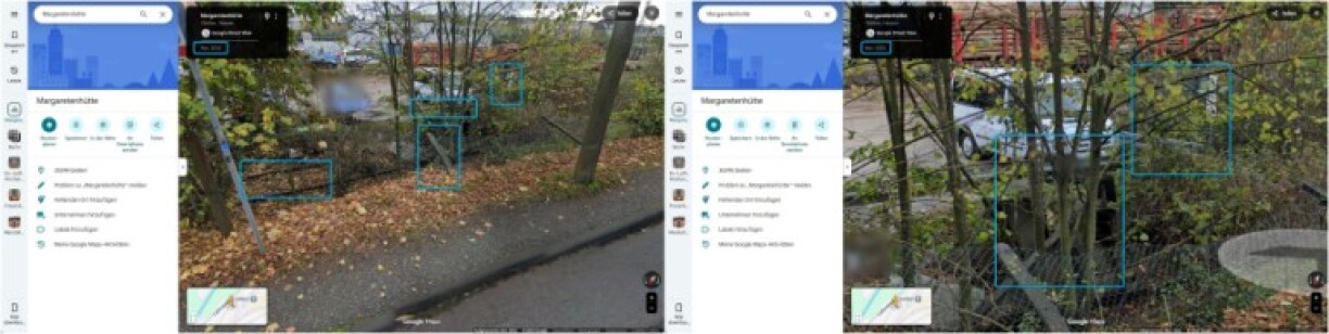 Google Street View-Screenshots von November 2022, blaue Hervorhebungen der identischen Elemente sowie des Datums der Aufnahmen von AFP hinzugefügt: 8. Dezember 2025