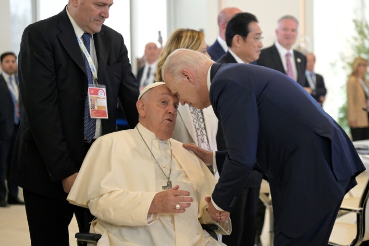Pope Francis greets US President Joe Biden during the G7 Summit near Bari, Italy in June 2024