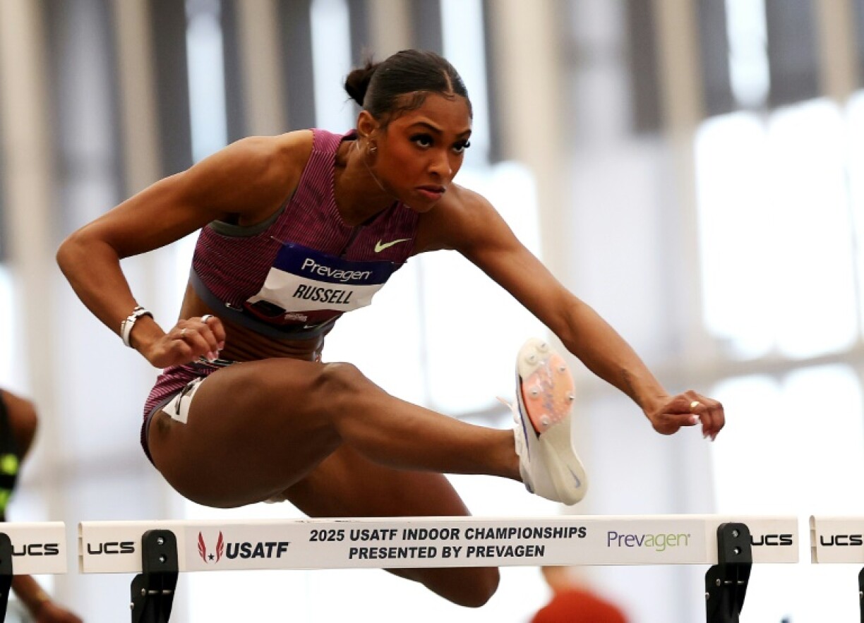 Reigning Olympic 100m hurdles champion Masai Russell of the United States won the event at the 115th Drake Relays