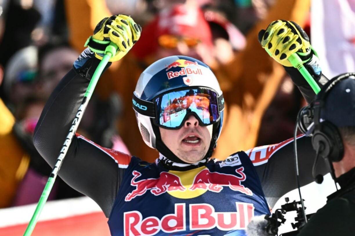 Canada's James Crawford reacts in the finish area during the men's downhill in Kitzbuehel