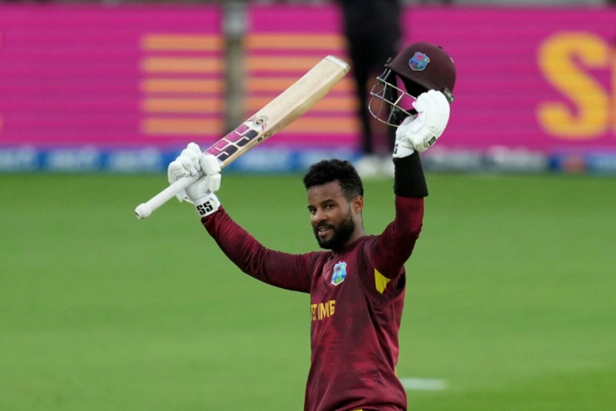 West Indies captain Shai Hope celebrates his century