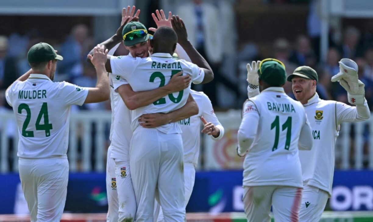 South Africa's Kagiso Rabada (3rd from left) took five Australian wickets on the first day of the World Test Championship final