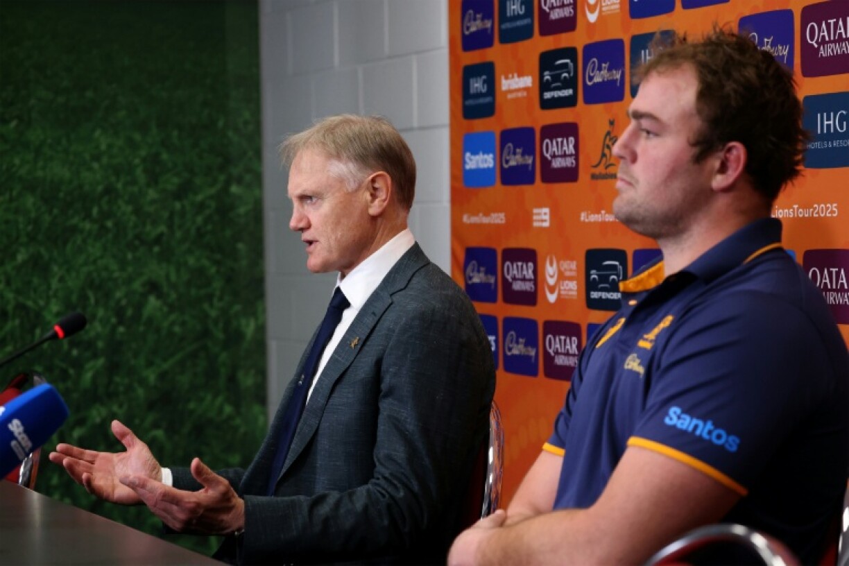 Australia's head coach Joe Schmidt (left) and captain Harry Wilson talk to reporters after the Brisbane defeat to the British and Irish Lions