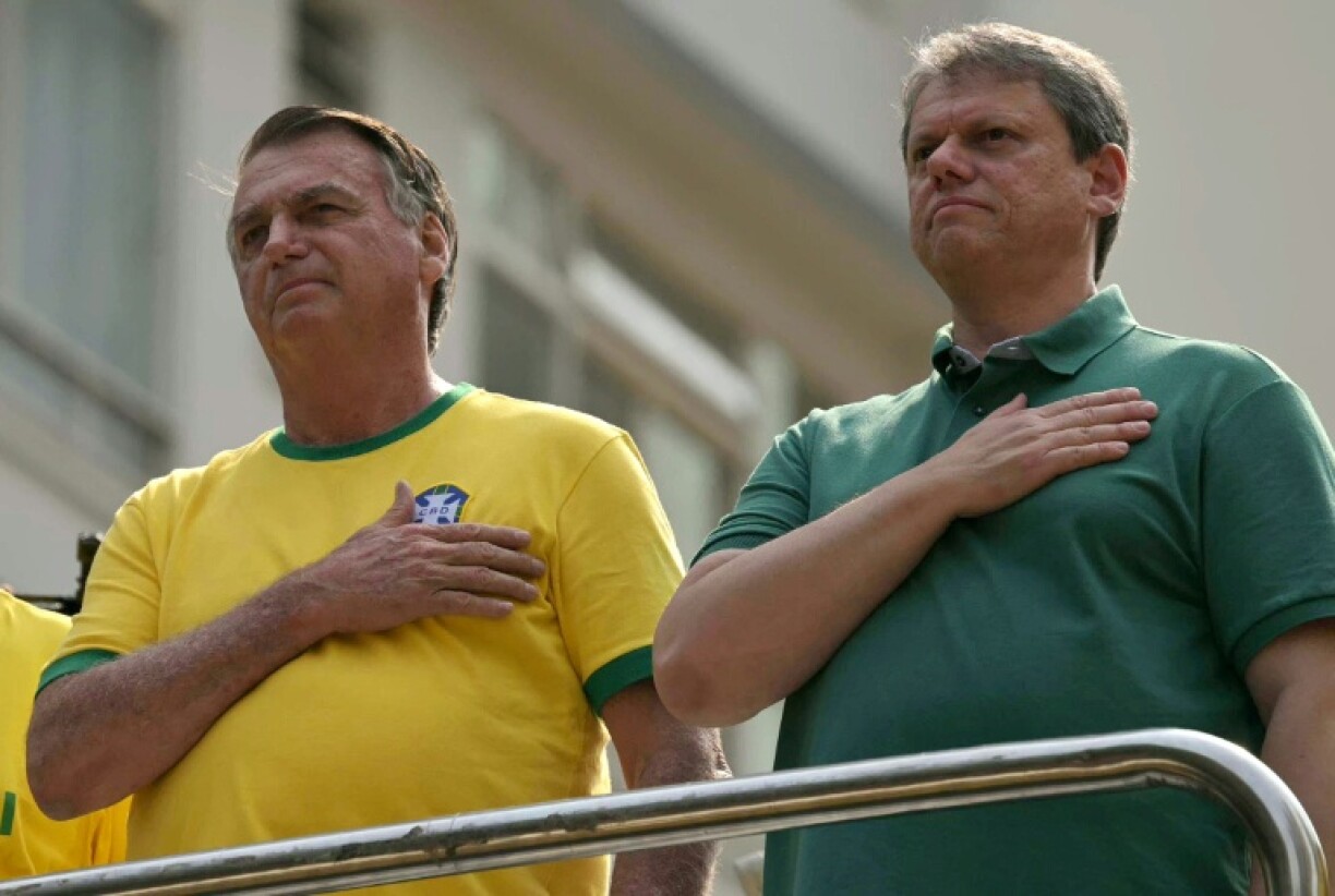 Former Brazilian President Jair Bolsonaro (L) with Sao Paulo Governor Tarcisio de Freitas at a rally in September 2024