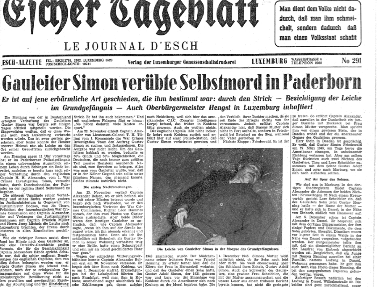 The front page of the Escher Tageblatt, 21 December 1945.