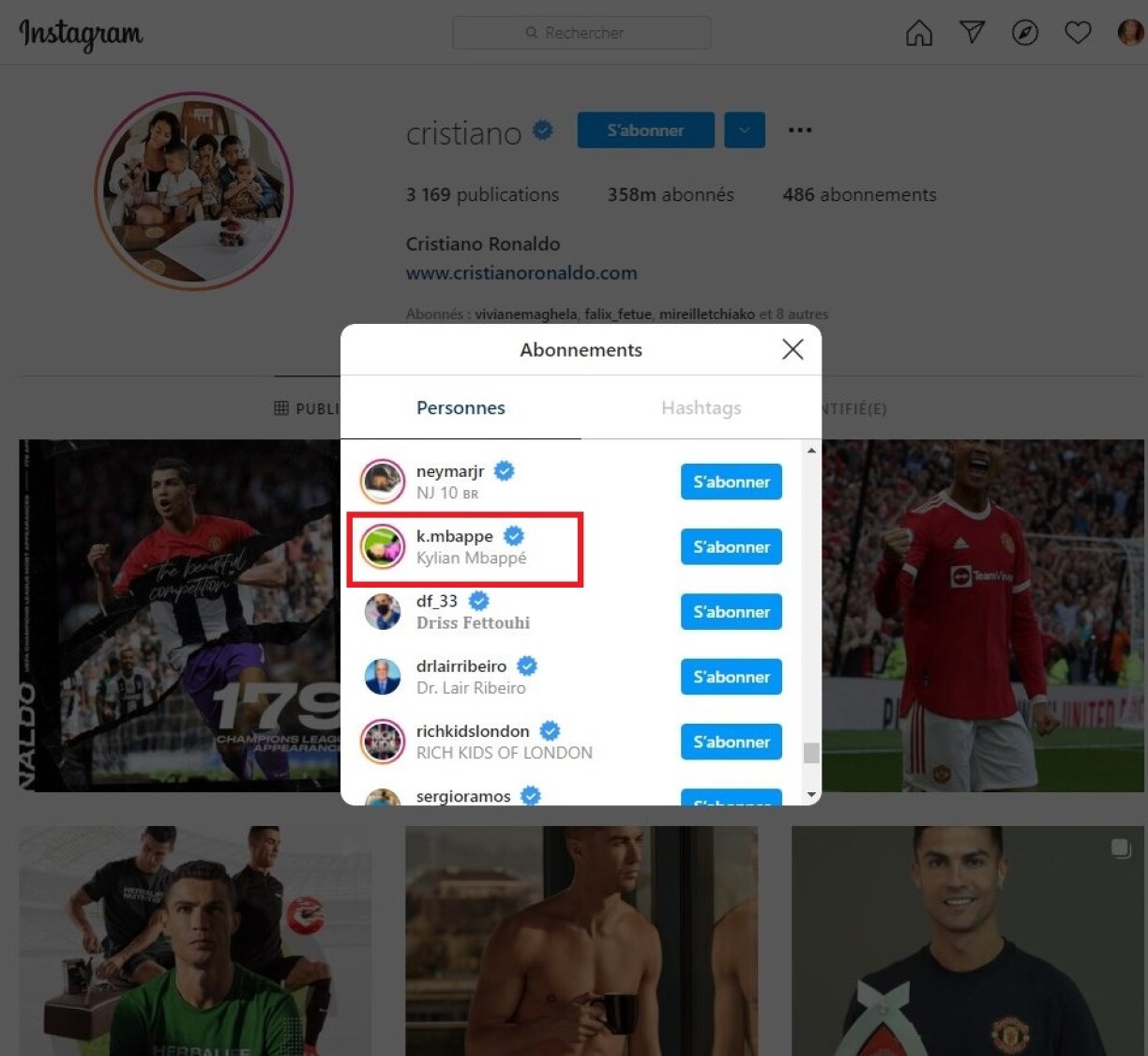 Capture d'écran du compte Instagram de Cristiano Ronaldo, réalisée le 25 octobre 2021