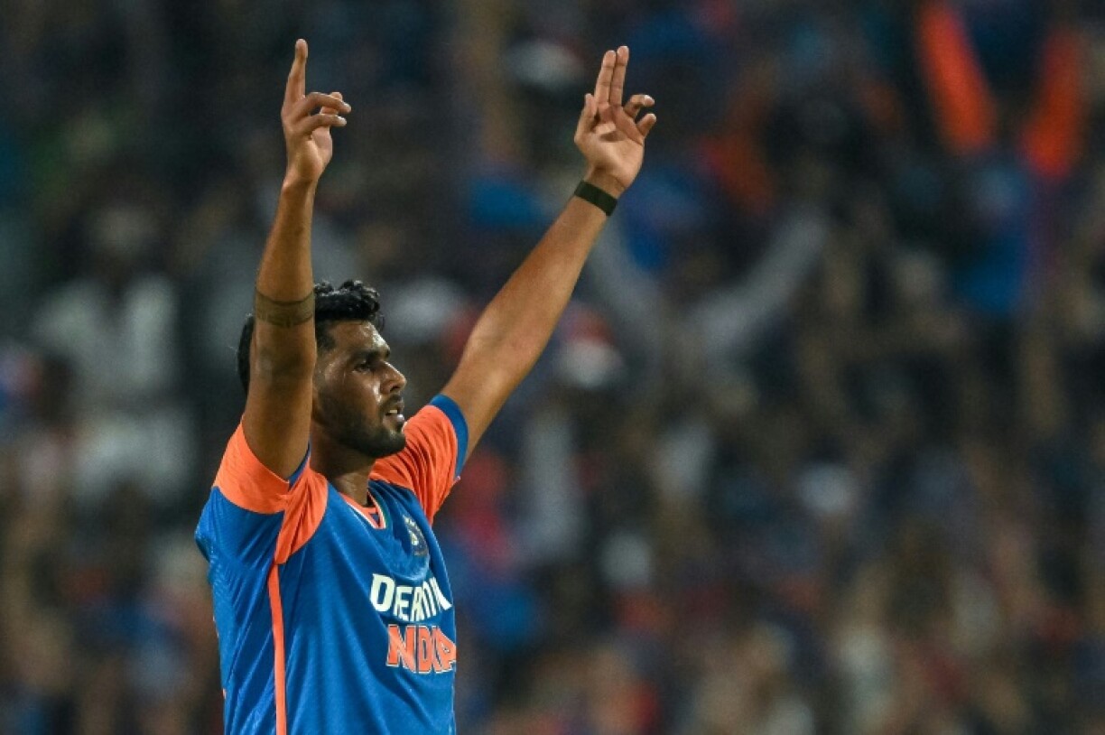 India's Harshit Rana celebrates taking the wicket of England's Jacob Bethell