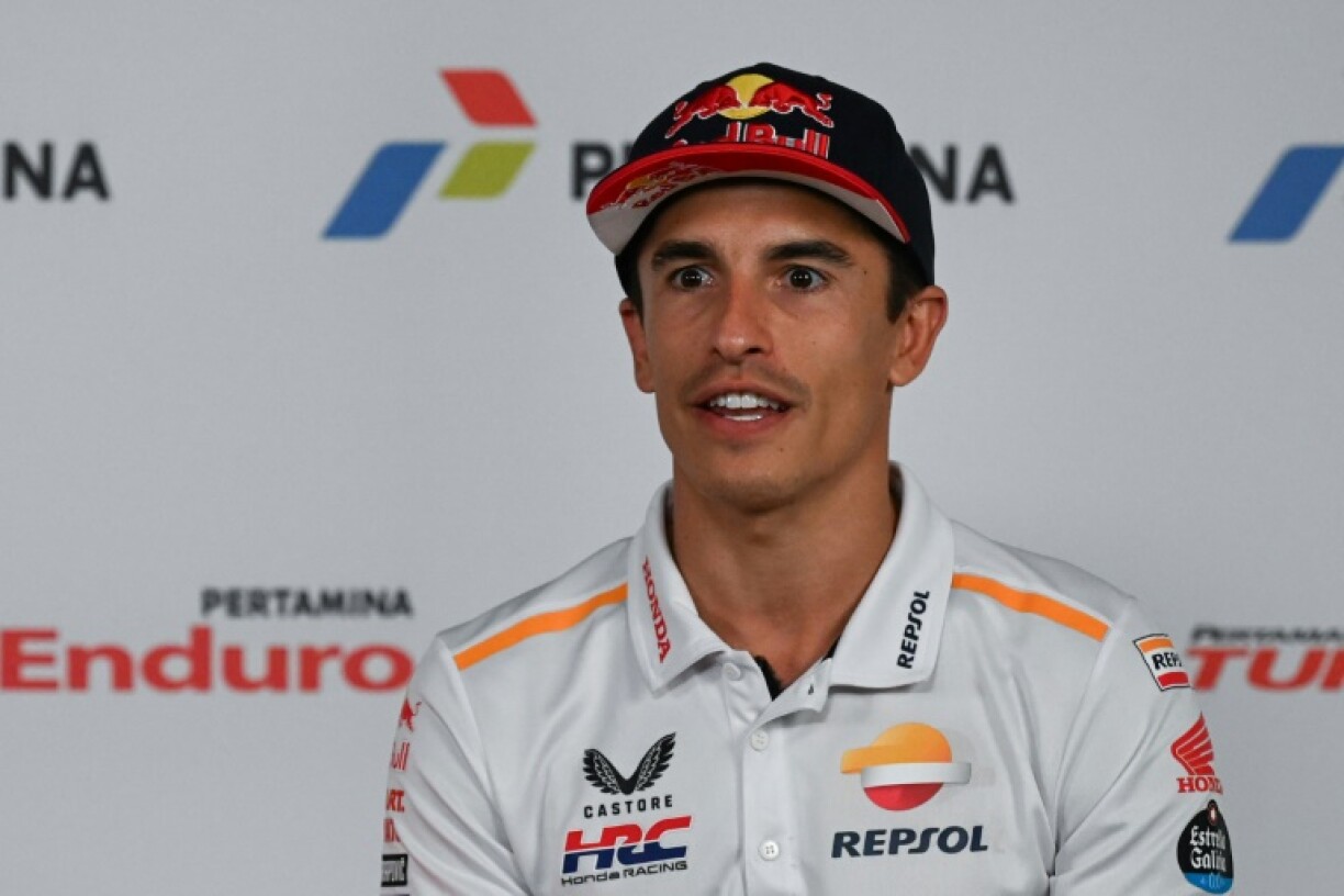 L'Espagnol Marc Marquez lors d'une conférence de presse avant le Grand Prix d'Indonésie, comptant pour le Championnat MotoGP 2023 le 12 octobre à Kuta Mandalika