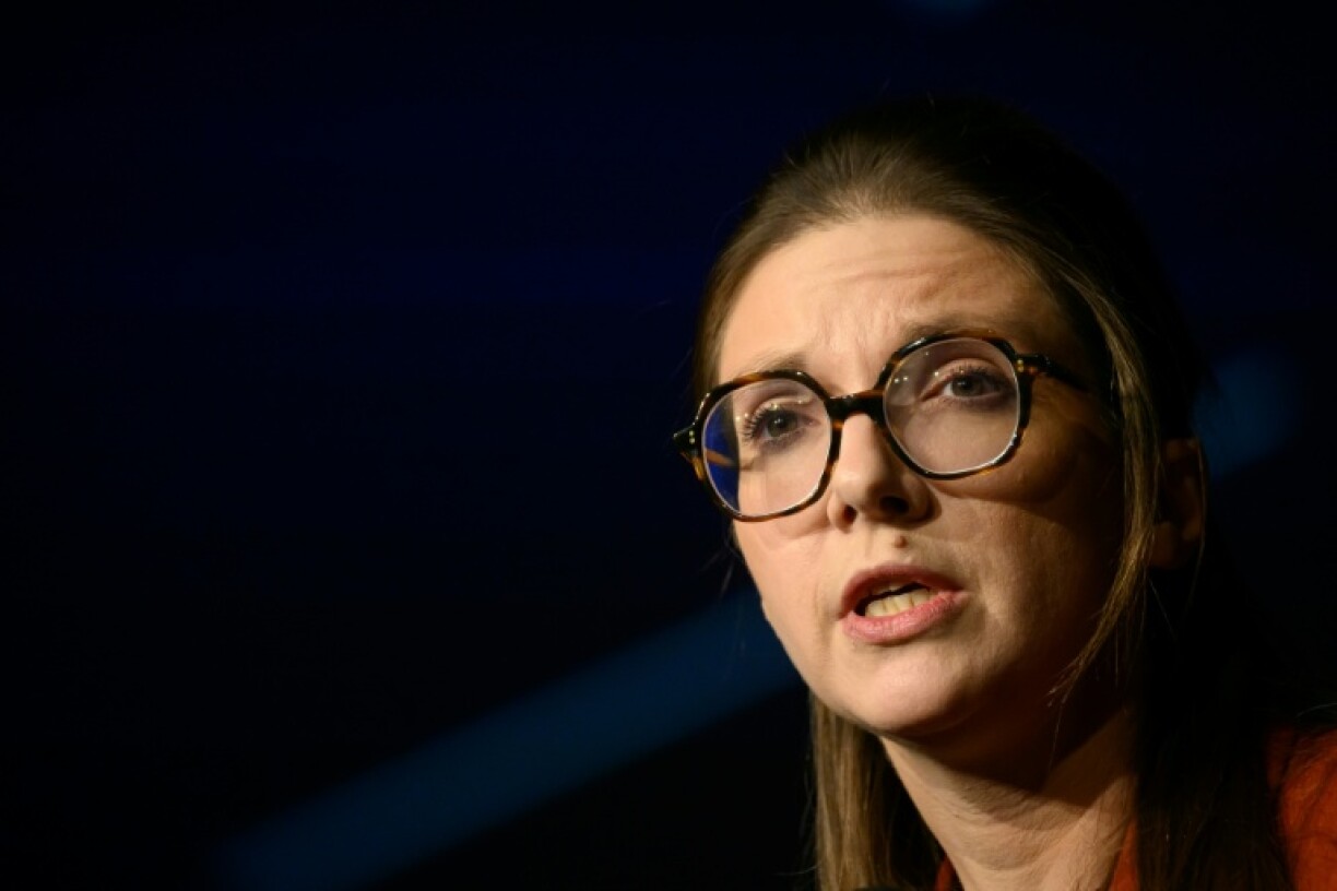 La ministre déléguée chargée de la Lutte contre les discriminations, Aurore Bergé, lors d'une réunion de campagne à Nantes, en Loire-Atlantique, le 14 janvier 2025