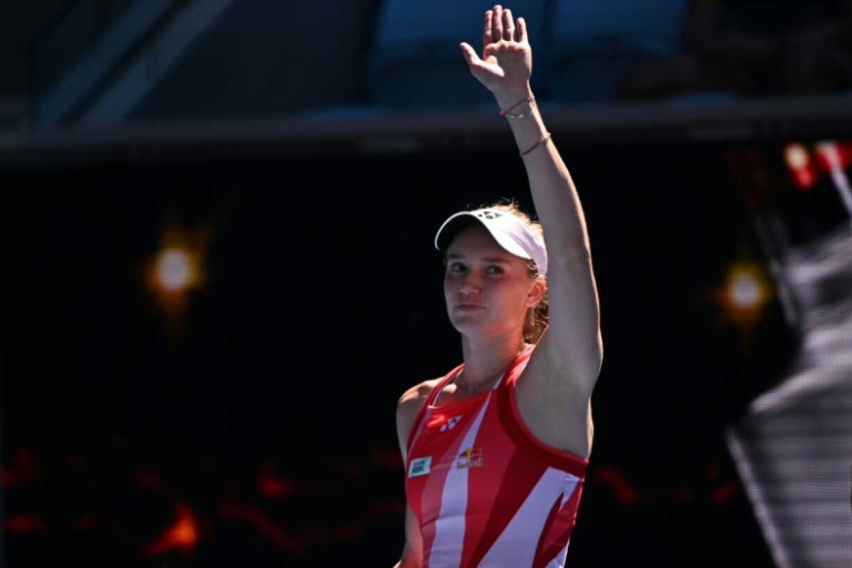 Kazakhstan's Elena Rybakina celebrates after her victory against Australia's Emerson Jones