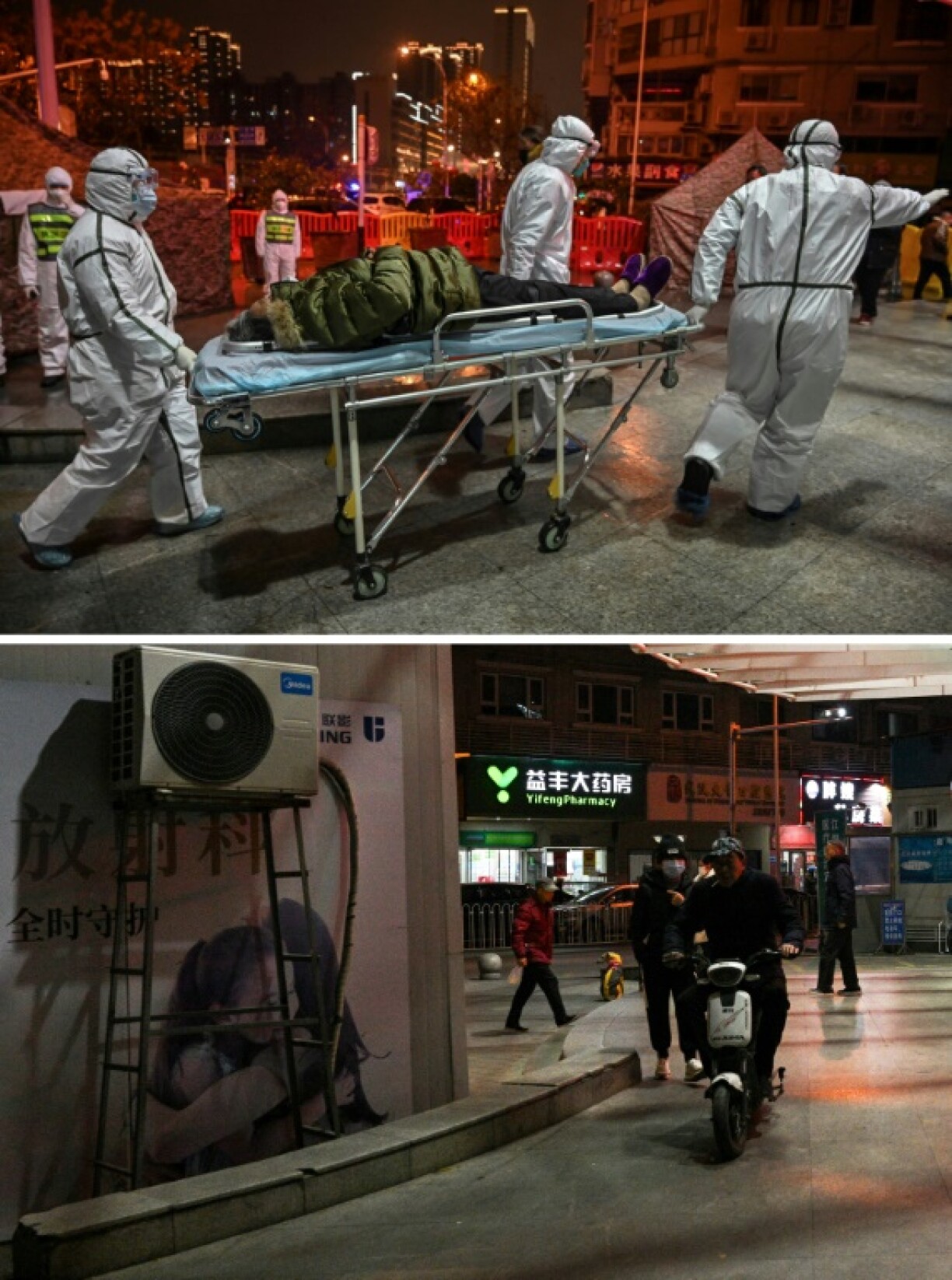 Medical staff members arrive with a patient at the Wuhan Red Cross Hospital on January 25, 2020 (top). The same location is seen on December 21, 2024 ahead of the Covid pandemic's fifth anniversary