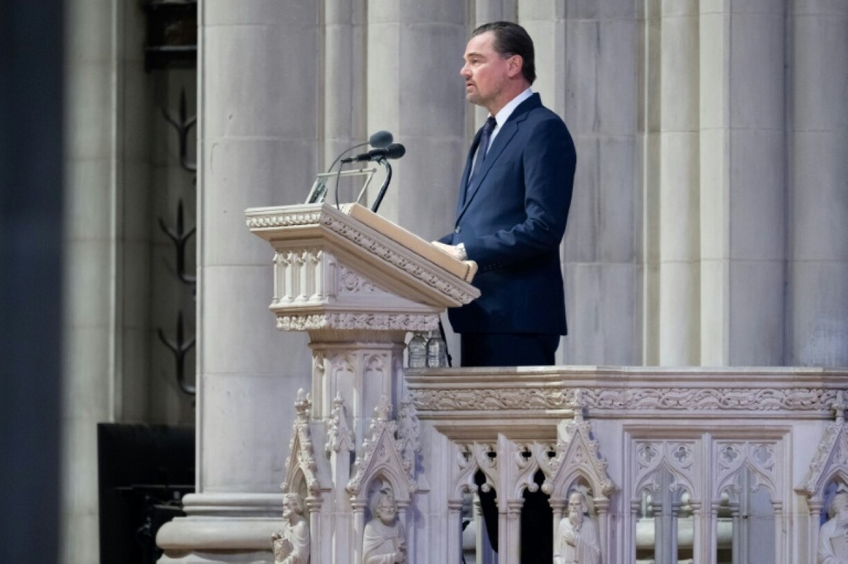 Actor Leonardo DiCaprio speaks during funeral services for Jane Goodall, the chimpanzee expert and environmentalist, at the Washington National Cathedral