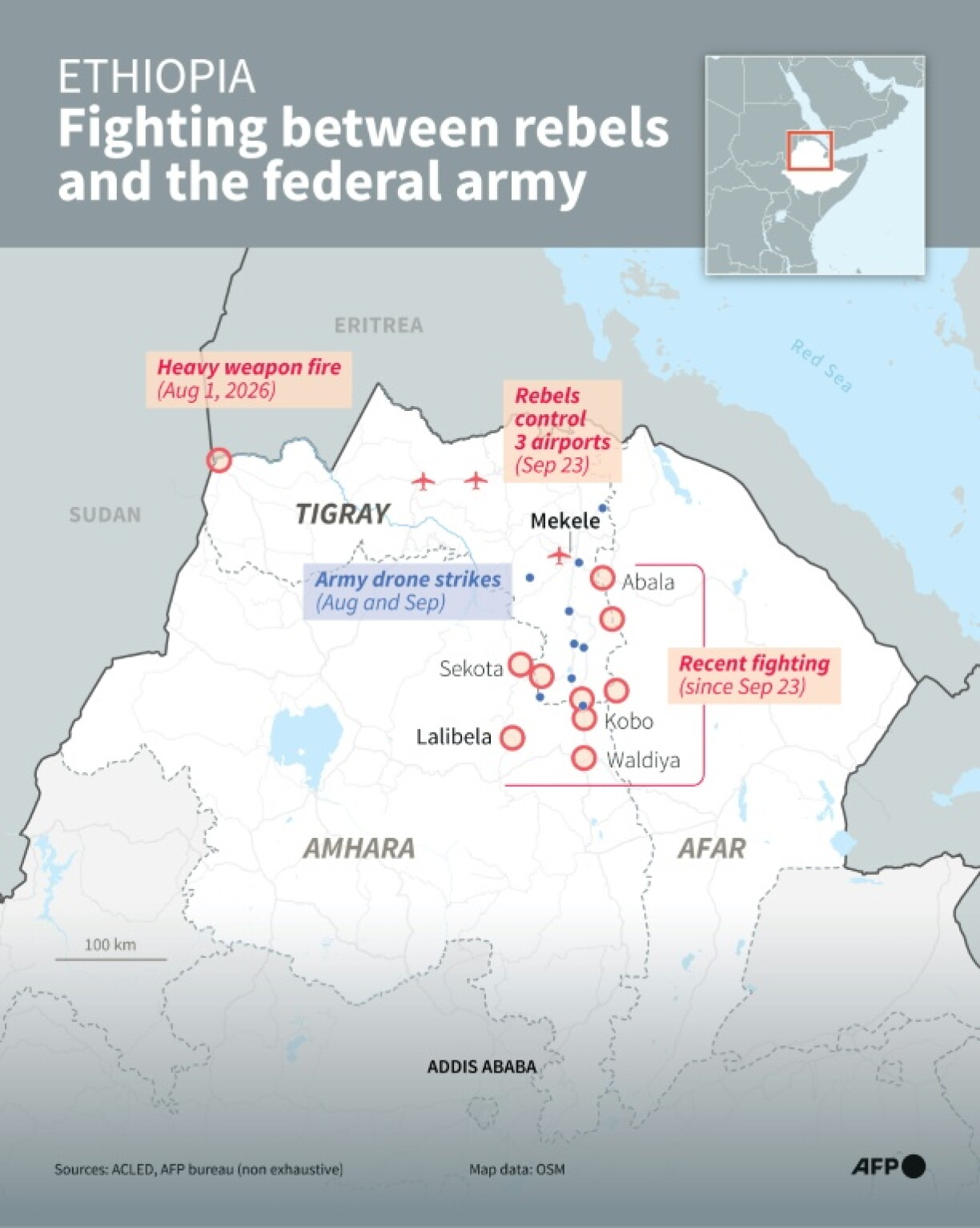 Map of the fighting between the rebels and the Ethiopian federal army in the north
