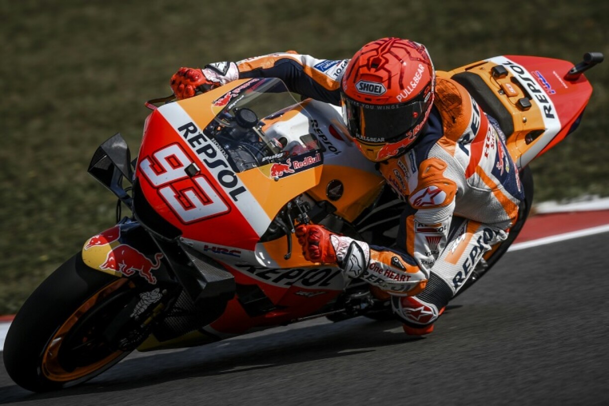 L'Espagnol Marc Marquez au guidon de sa Honda Repsol lors de la 1re séance d'essais libres du GP du Portugal, à Portimao, le 16 avril 2021