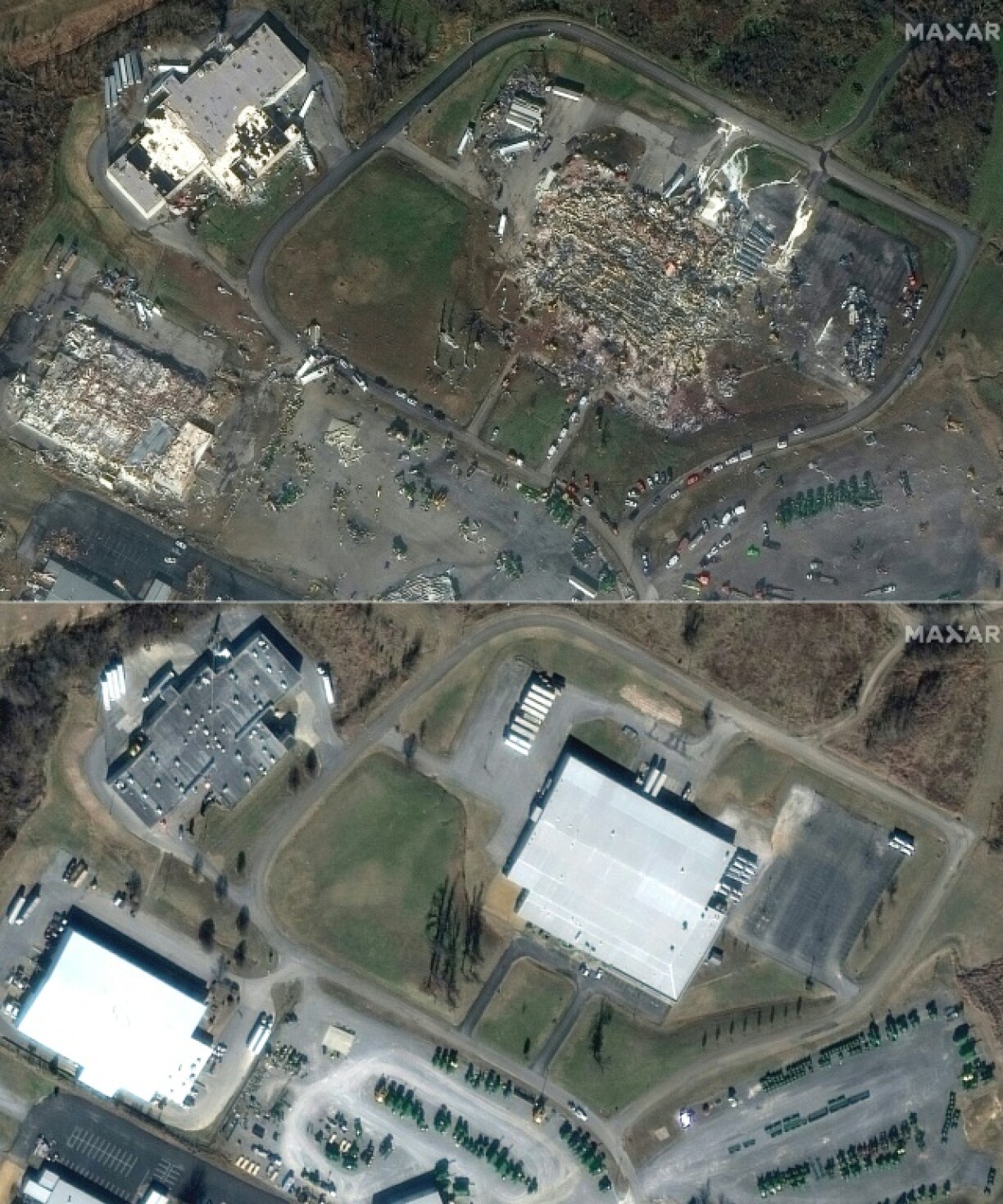 Une fabrique de bougies à Mayfield, dans le Kentucky, en janvier 2017 (en bas) et après sa destruction par une tornade le 11 décembre 2021 (en haut)