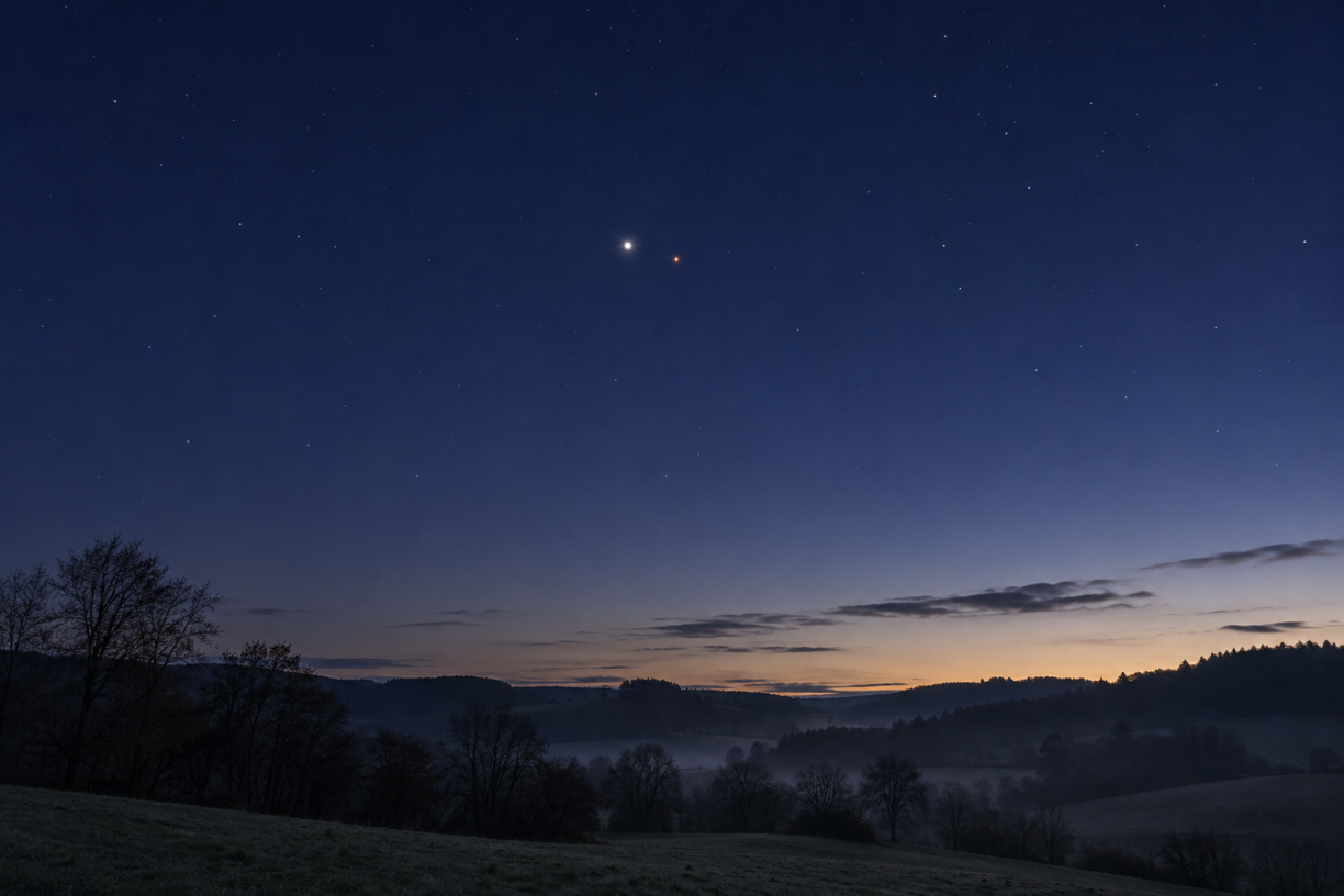 Mars and Jupiter in conjunction above the autumn landscape