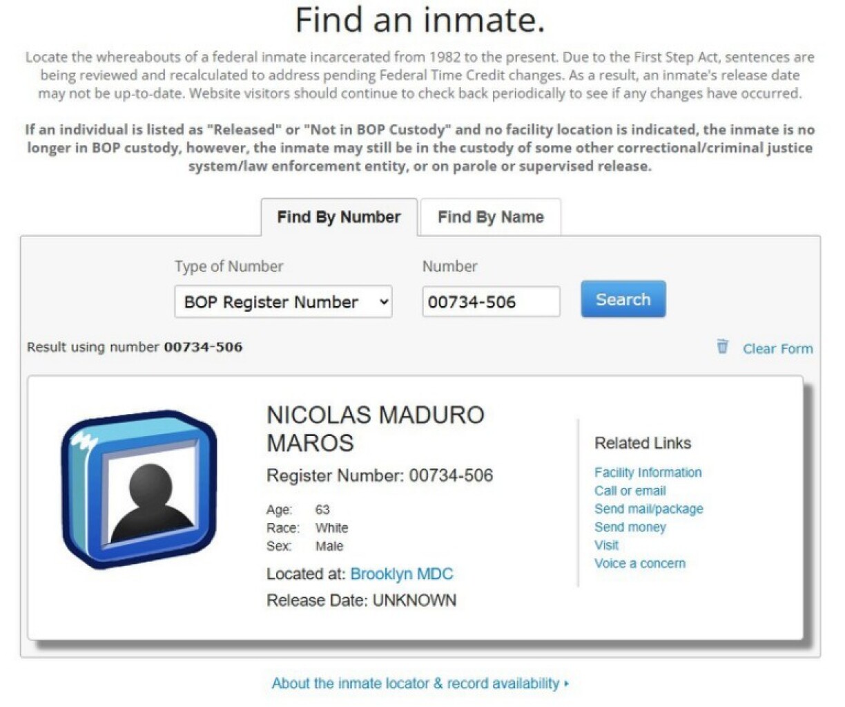 Screenshot of the result from the inmate locator website