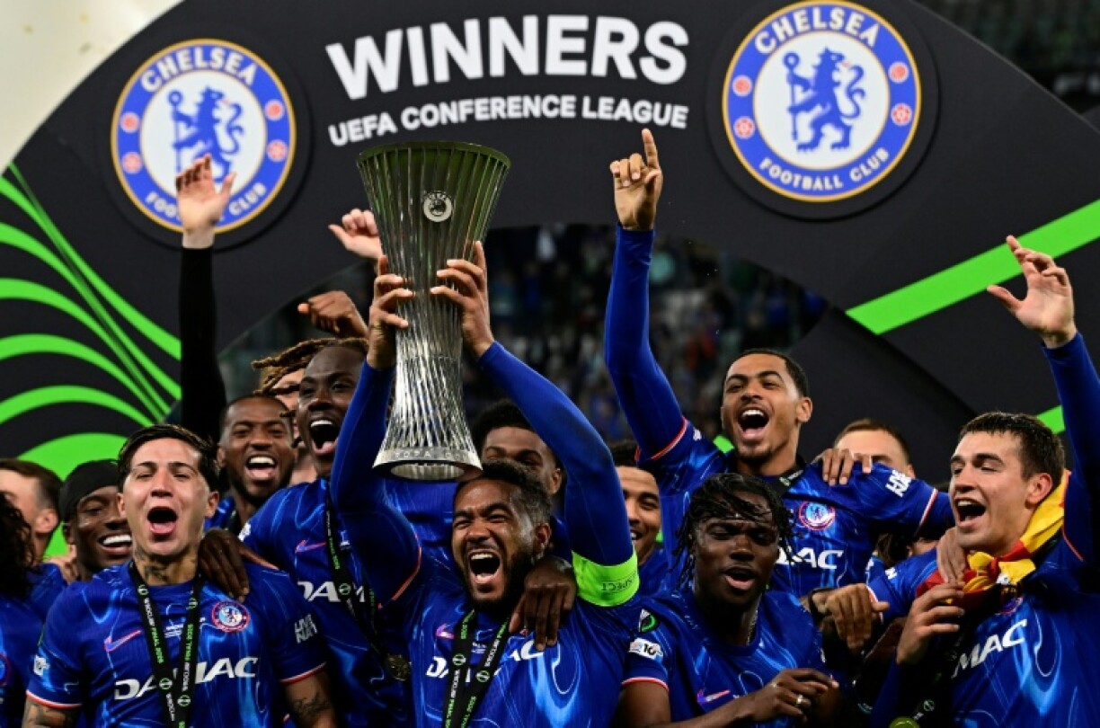 Chelsea captain Reece James lifts the UEFA Conference League trophy
