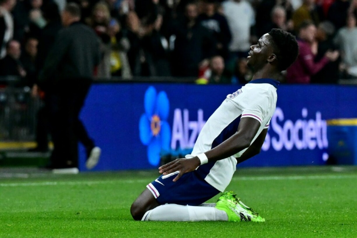 England forward Bukayo Saka celebrates scoring against Wales