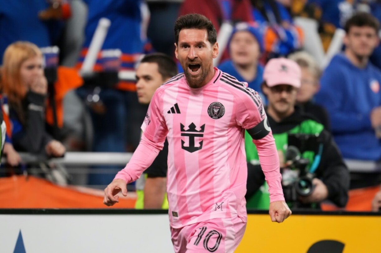 Lionel Messi celebrates his opening goal in Inter Miami's MLS playoff thrashing of FC Cincinnati