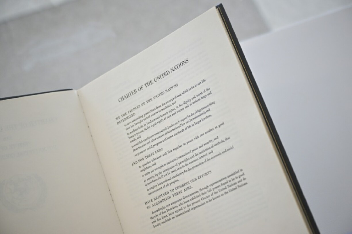 The UN Charter is displayed at an exhibition marking the 80th anniversary of its signing