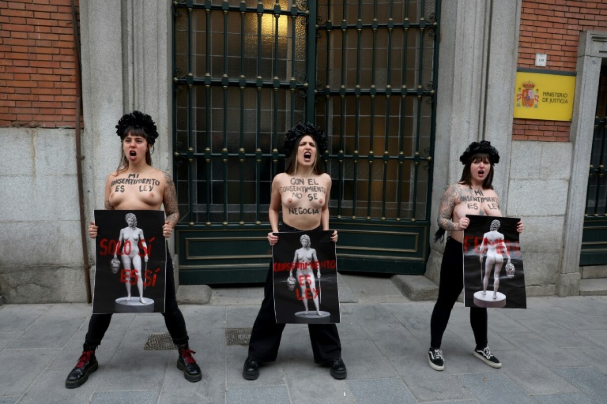 Des militantes des Femen manifestent contre les violences faites aux femmes devant le ministère de l'Egalité à Madrid, le 8 février 2019