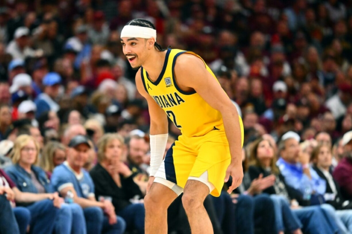Andrew Nembhard of the Indiana Pacers celebrates a basket in the Pacers' victory over the Cleveland Cavaliers in game one of their NBA playoff series
