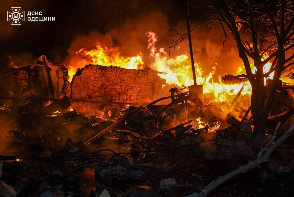 This handout photograph taken and released by Ukrainian State Emergency Service on March 28, 2025, shows a destroyed building on fire following a strike in Odesa region, amid the Russian invasion of Ukraine.